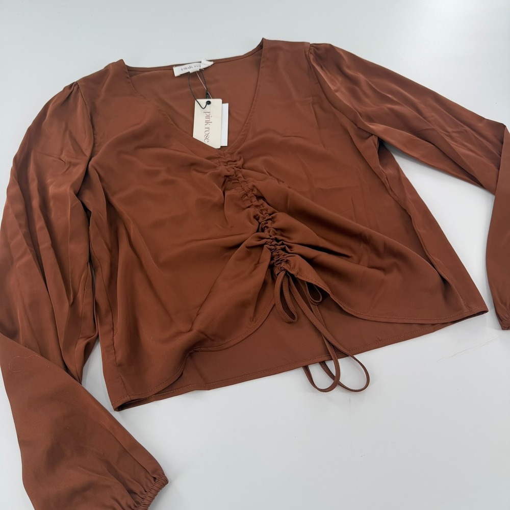NWT Pink Rose Blouse Ruched Front V-Neck Women Medium Cocoa Rose Brown